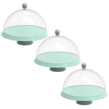 Imagem de Kit 3 Porta Bolos 25cm Verde Menta com Cúpula e Pé Bubble Crippa Tortas Doces Boleira
