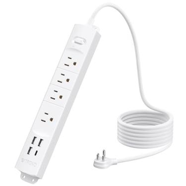Imagem de TROND Filtro de linha com USB, plugue plano ultrafino de 1,8 m, cabo de extensão 1625W, 3 USB A e 1 tipo C, 4 tomadas CA 1440J com proteção contra surtos ETL, suporte de parede para dormitório de