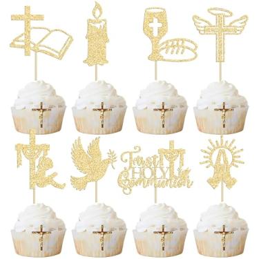 Imagem de Ephlyn 32Pcs First Holy Communion Cupcake Toppers Glitter Dove Cross God Bless and Baptism Cupcake Picks First Communion Theme Baby Shower Birthday Party Cake Decorations Supplies Gold