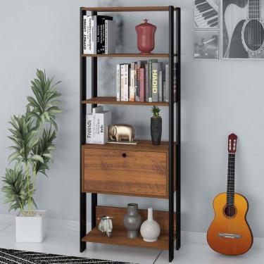 Imagem de Estante Para Livros Pinho/Preto C/ 01 Porta E 4 Prateleiras