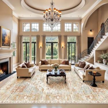 Imagem de Kokia Tapetes laváveis para sala de estar, 25 x 35 cm, boho, antiderrapante, fino, resistente a manchas, vintage, laranja, estampado, oriental, desgastado, tapete para quarto, pilha baixa