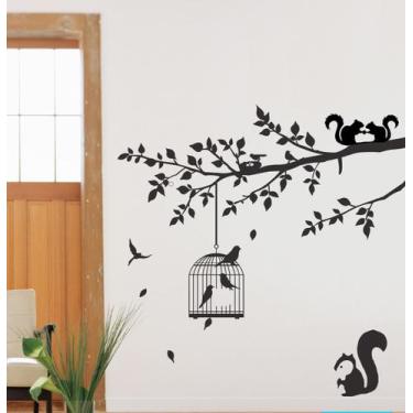 Imagem de Decoração de Parede Tronco de arvore Passaros e Esquilos para sala - G