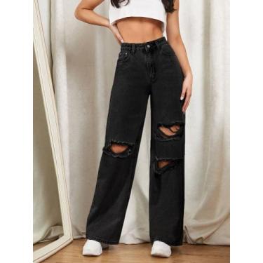 Imagem de Calça jeans feminina ride leg boca larga -Tamanho 40 - Black jeans 
