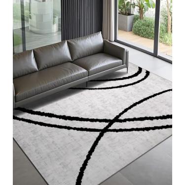 Imagem de YIHOUSE Tapetes modernos para quarto, tapete preto e branco lavável 12 x 18 cm, tapete listrado geométrico geométrico fino e minimalista, tapetes pretos para quarto, cozinha, sala de jantar e