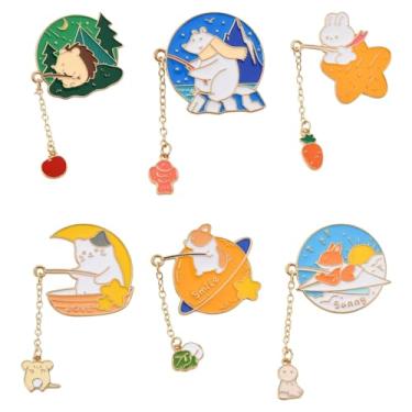 Imagem de UR URLIFEHALL 6 peças, 6 estilos, conjunto de emblemas de animal esmaltado, coelho e gato com corrente broche de lapela para mochilas, bolsas, roupas, chapéus, artesanato DIY