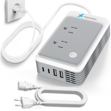 Imagem de Conversor de tensão de 220 V para 110 V dos EUA para a Europa para modelador de cachos e alisadores de cabelo, conversor de energia para adaptador de tomada de viagem europeu com 2 portas USB A e 2