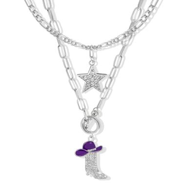 Imagem de RechicGu Conjunto de 2 peças de gargantilha de estrela de strass brilhante, pingente de bota de vaqueira ocidental, conjunto de colar empilhável para mulheres, corrente grossa, chapéu esmaltado de