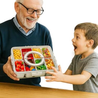 Imagem de Caixa organizadora de lanches com tampa e alça – Bandeja de servir com 8 compartimentos divididos para doces, frutas, vegetais, charcutaria – Caixa portátil de armazenamento de alimentos para crianças