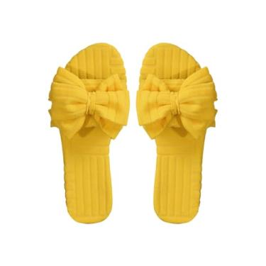 Imagem de GORGLITTER Sandália rasteira feminina com nó de laço, bico aberto, sem cadarço, Amarelo, 39