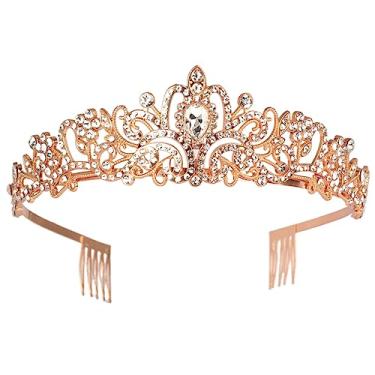 Imagem de Tiara de casamento de strass de cristal com pente para noivas, princesas, rainhas, coroação, festa de aniversário, coroa de ouro rosa para meninas e mulheres, festa de carnaval, celebração de férias