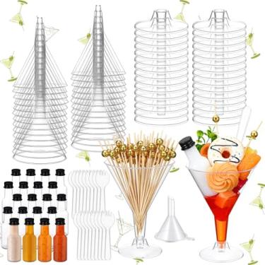 Imagem de Jingmore Conjunto de 30 copos de plástico para martini, 200 ml, charcutaria, copos descartáveis transparentes e mini garrafas de vinho com palitos de coquetel, colheres, garfos, funis líquidos para