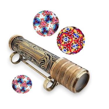 Imagem de ANTIQLICIOUS Premium Kaleidoscope Vintage-Style Brass Kaleidoscope with Intricate Engraved Surface and Sturdy Brass Stand, Vibrant Optical Patterns