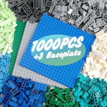 Imagem de 1000 Pieces Classic Building Bricks, Classic Stackable Base Plates, 3 6.3" x 6.3" Blue, Gray and Green Base Plates, Compatible with All Major Brands (Natural Colors)