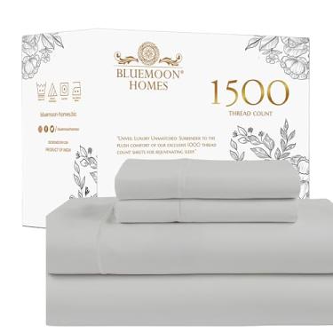 Imagem de Bluemoon Homes Lençóis Queen Size 100% algodão egípcio com bolso profundo - 1500 fios tamanho Queen, conjunto de lençóis de 4 peças, cabe em colchões de até 45,7 cm, roupa de cama de luxo, cinza claro
