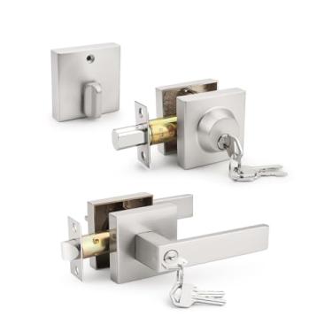 Imagem de Tinewa Maçaneta de porta frontal/externa com chave de níquel escovado com fechadura de cilindro único, conjunto de fechadura de maçaneta de porta de entrada quadrada com conjuntos de combinação de