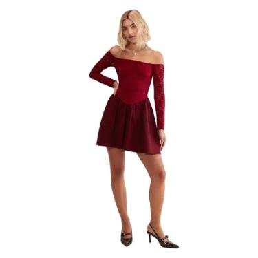 Imagem de NASTY GAL Minivestido feminino de renda e manga comprida com bainha de tule, Vinho, M