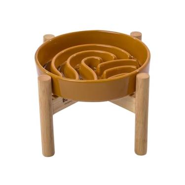 Imagem de BICOPET Alimentador lento Ceramic Maze Dog com aro de silicone antiderrapante (e suporte de bambu) – Tigela de grés resistente com padrão de quebra-cabeça para inchaço e prevenção de obesidade