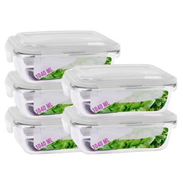 Imagem de Jogo 5 Potes Vidro Retangular Marmitas Tampa 4 Travas 1040ml