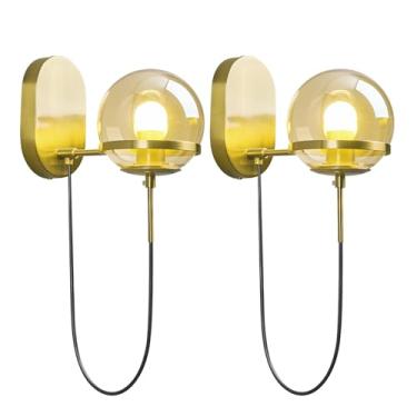 Imagem de FDPBY Arandela de parede de vidro âmbar moderno conjunto de duas luminárias de parede de globo de vidro de 14 cm para quarto, banheiro, arandelas de corredor, iluminação de parede
