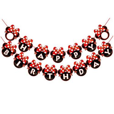 Imagem de CHuangQi Faixa temática de festa da Minnie, faixa de carta de feliz aniversário, laço vermelho com cartão de bolinhas, suprimentos e decoração de festa de primeiro aniversário