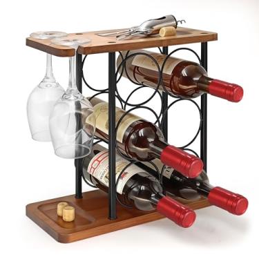 Imagem de Megier Suportes de vinho de madeira com bandeja, suporte de garrafa de vinho para 6 garrafas e 2 copos, perfeito para cozinha, bar, mesa, armário, adega