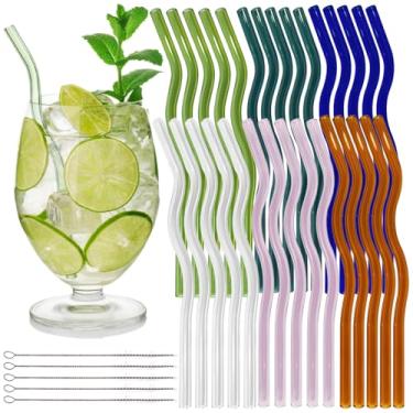 Imagem de Acshio 30 canudos de vidro ondulados, canudo de vidro colorido com escovas de limpeza, copos reutilizáveis resistentes a quebras, canudos de smoothie para bebidas, milkshakes, chá, suco