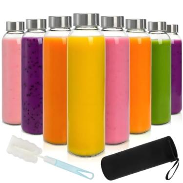 Imagem de Acshio Pacote com 8 garrafas de suco de vidro com tampas, garrafa de água de vidro reutilizável de 473 ml com manga protetora de escova, recipientes portáteis transparentes para copos para smoothie