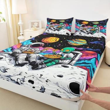 Imagem de Manfei Jogo de cama Queen engraçado astronauta alienígena astronauta espacial planeta, 3 peças, capa de cama de galáxia psicodélica com 2 fronhas, decoração de quarto infantil de meninos e meninas