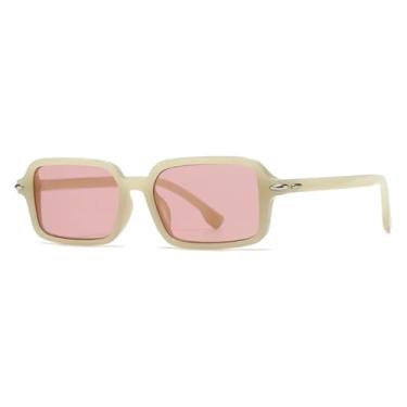Imagem de Óculos de sol retangulares com rebites retrô, óculos de sol femininos, proteção UV400, armação de lentes transparentes, moda masculina (bege e rosa)