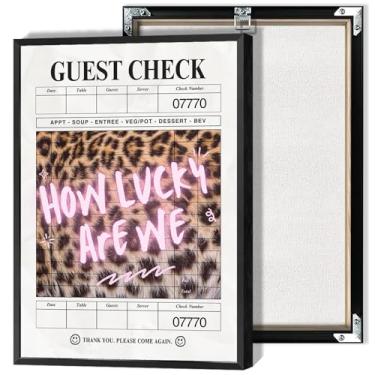 Imagem de Pôster retrô de verificação de convidados How Lucky Are We Pink Canvas Wall Art Vintage Coquette Leopard Positive Affirming Prints Pintura para sala de estar quarto escritório decoração de parede 30 x