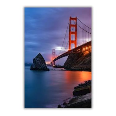 Imagem de Ponte Golden Gate Impressão de arte de parede 28 x 35 cm sem moldura São Francisco Fotografia Pôr do sol laranja azul moderna sala de estar decoração de escritório