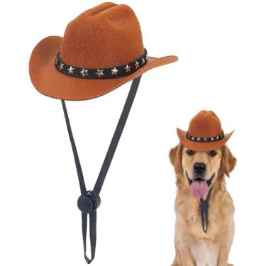 Imagem de CRASPIRE Chapéu de cowboy de cachorro gato fantasia cosplay marrom pequeno fofo engraçado boné de feltro estrela ajustável mini chapéu de cowboy ocidental filhote de cachorro para foto de animal de