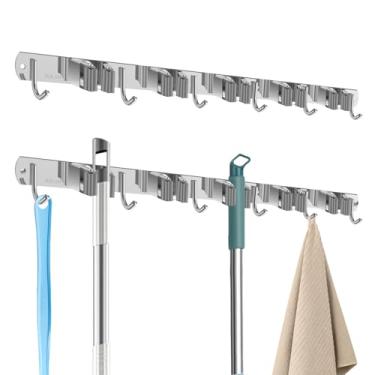 Imagem de Suporte de parede para vassoura, esfregão e vassoura de aço inoxidável com 5 prateleiras e 6 ganchos, organização e armazenamento de lavanderia, cabide de esfregão para casa, cozinha, jardim
