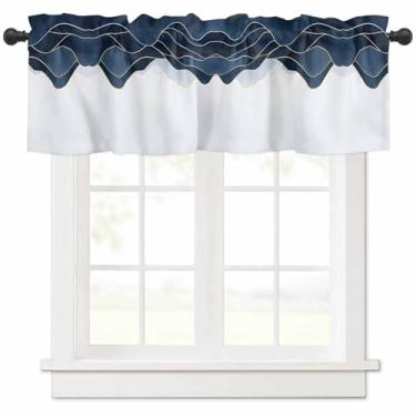 Imagem de Cortina de saia de cozinha café para janelas pequenas, cortinas curtas abstratas de montanha azul marinho listradas, círculo amarelo sol linha dourada escurecimento tratamento de janela para sala de