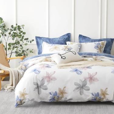 Imagem de ALEISSEL Conjunto de edredom floral de algodão natural, tamanho king - edredom branco acinzentado com estampa floral blush e caramelo, azul egeu reverso, conjunto de cama leve vintage (King 104 × 224