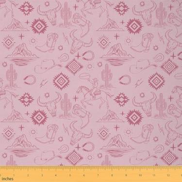 Imagem de jejeloiu Tecido de estofamento asteca ocidental rosa para cadeiras de 5 jardas caubói selvagem ocidental para projetos de bricolage, impermeável, interior, exterior, cavalo, touro, caveira, boho