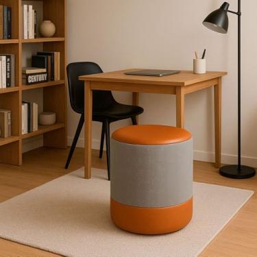 Imagem de Puff Plus Banquinho Redondo Decorativo em Linho Base e Tampo Courino Cinza/Caramelo 48cm x 38cm