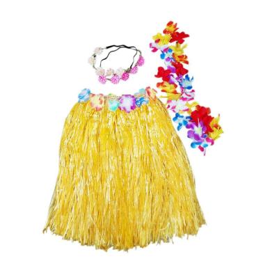 Imagem de Fantasia Adulto Havaiana Festa Temática Tropical Luau Carnaval Hawaiana: Saia + Colar + 2 Tiaras Flores 