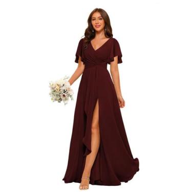 Imagem de Vestido de dama de honra PUXIU Elegant Burgundy A-line Chiffon 12