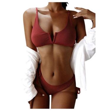 Imagem de Mulheres Sexy Bandage Cor Sólida V-top Biquíni Split Swimsuit - HUOGUO