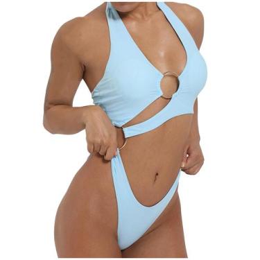 Imagem de Roupa de banho feminina de uma peça maiô de cor sólida biquíni sexy na