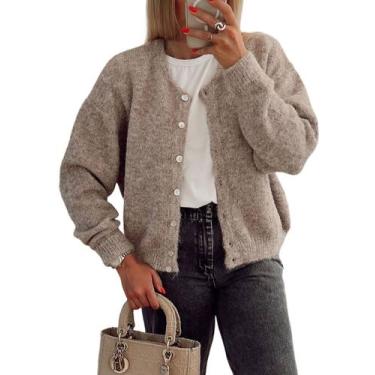 Imagem de Suéter de cardigã Ynhonra feminino de manga comprida com botão cáqui