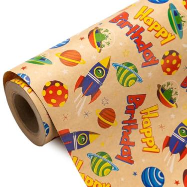 Imagem de WRAPAHOLIC Rolo de papel de embrulho de aniversário Kraft Space – Mini rolo – 43 cm x 40 cm – Papel de embrulho de foguete e feliz aniversário, perfeito para crianças, meninas, meninos, amantes do