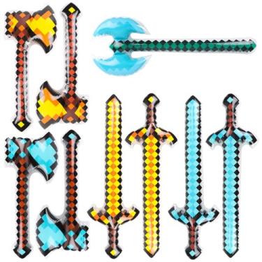Imagem de CCINEE Pacote com 9 espadas infláveis de pixel, espadas, machado, picareta, tridente, para Halloween, carnaval, cosplay, aniversário, piscina, praia, festa, suprimentos