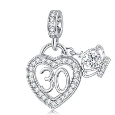 Imagem de LuxglitterLin Pingente de coração de aniversário de 30 anos com pingente de coroa brilhante para mulheres, presente de aniversário marco compatível com pulseiras Pandora