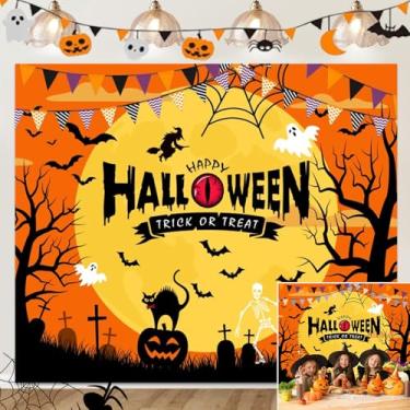 Imagem de Pano de fundo Happy Halloween 3 x 2,4 m, lanterna de abóbora, laranja, noite, lua, morcego, teia, fantasma, foto de fundo, desenho animado, retrato de bebê, doces ou travessuras, festa de Halloween
