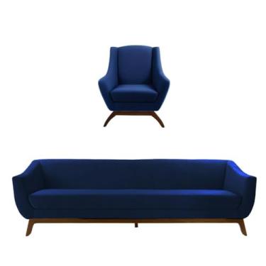 Imagem de Conjunto Milano Sofá 3 lugares e Poltrona Veludo Azul - Larbelle