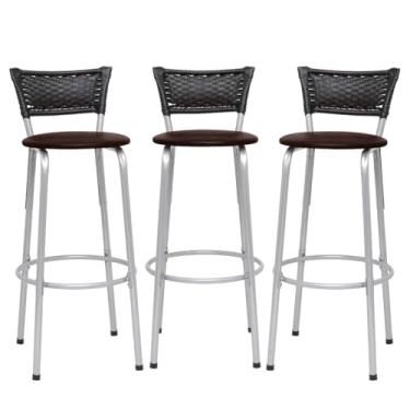 Imagem de Banqueta Altas Junco Preto Estrutura Prata 70cm Para Balcão Cozinha, Bar, Bistrô, Americano Kit 03 Unidades - Itagold (Assento Marrom Claro)