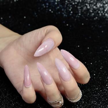 Imagem de Unhas de pressão extra longas - concha de mármore rosa brilhante estileto longo afiado unha falsa textura de pedra rosa unhas falsas pontas de unhas de acrílico completas para mulheres e meninas 24