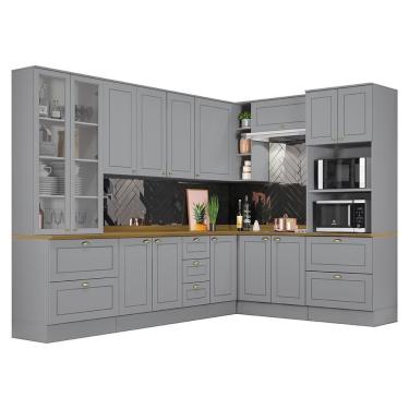 Imagem de Cozinha Completa De Canto Americana 8 Peças Cinza Com Cristaleira E Tampo Nature - Móveis Henn Cinza